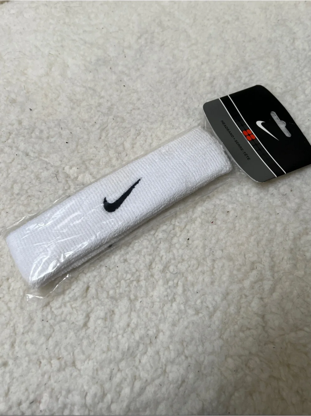 Nike White Terrycloth Headband with Black Swoosh
